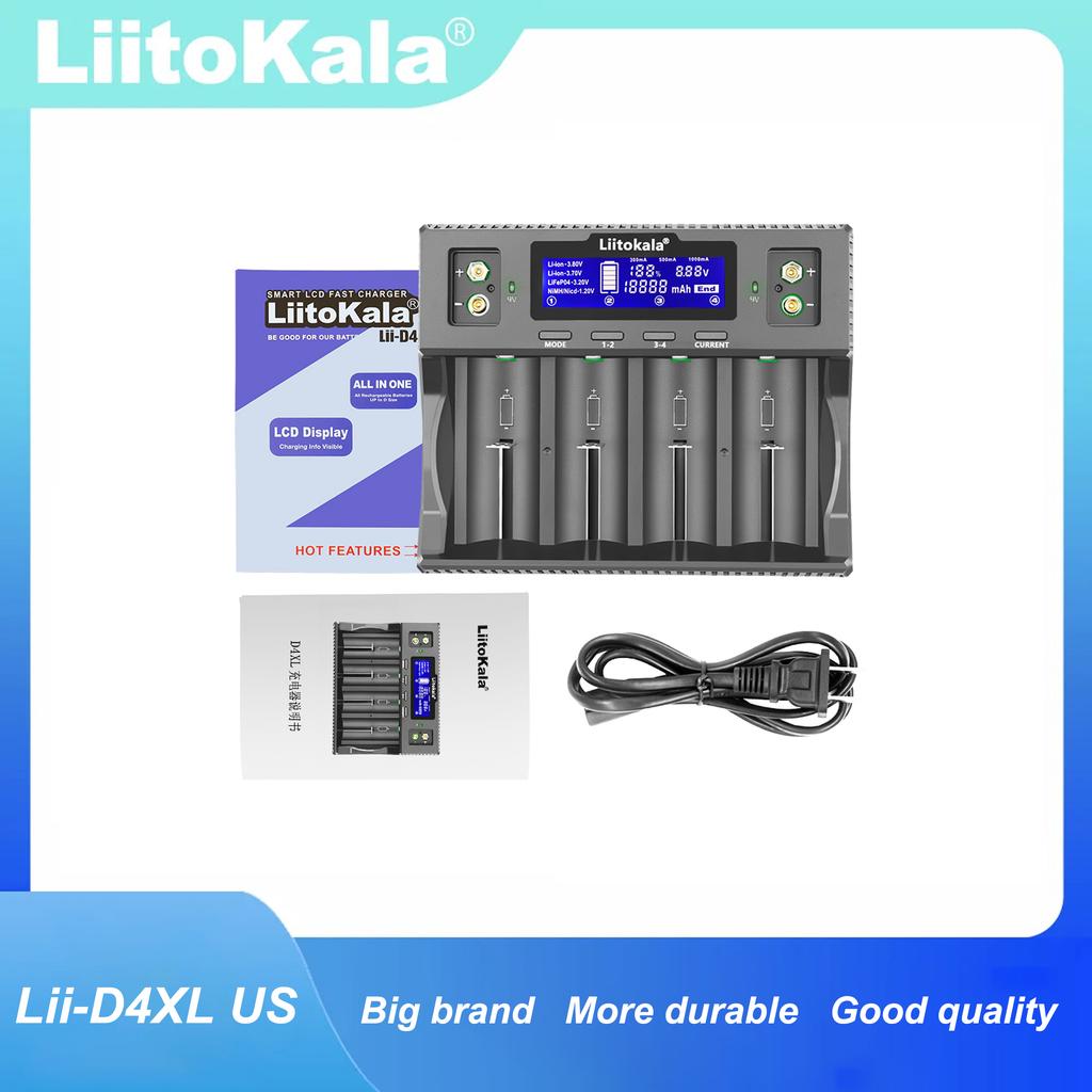 Умное зарядное устройство LiitoKala Lii-D4XL, совместимое с аккумуляторами 3,7 В Li-ion, 3,2 В LiFePO4, 1,2 В NiMH/Cd AA AAA 9 В