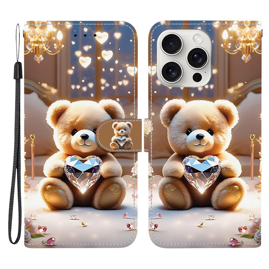 For iPhone 16 Pro Leather Case Stand Wallet Pattern Printing Phone Cover with Wrist Strap