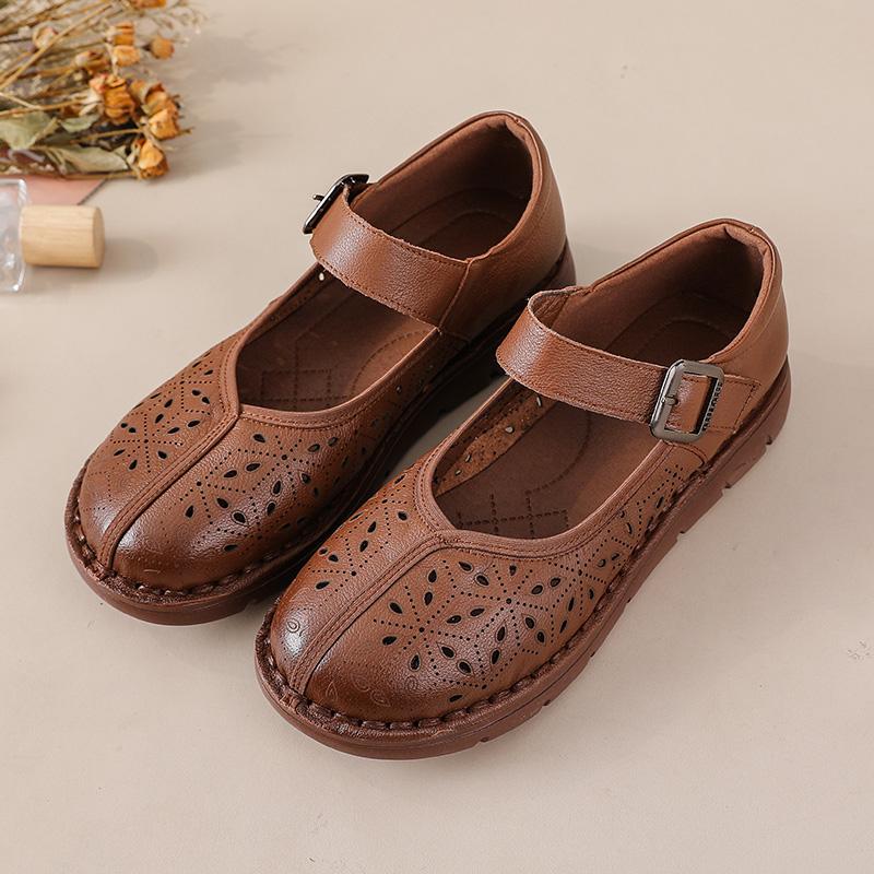 Fashion New Natural Leather Sandals Women's Hollow Out Flats Shoes Woman Luxury Mary Jane Sandal Female Strap Loafer Lady Shallow Flats