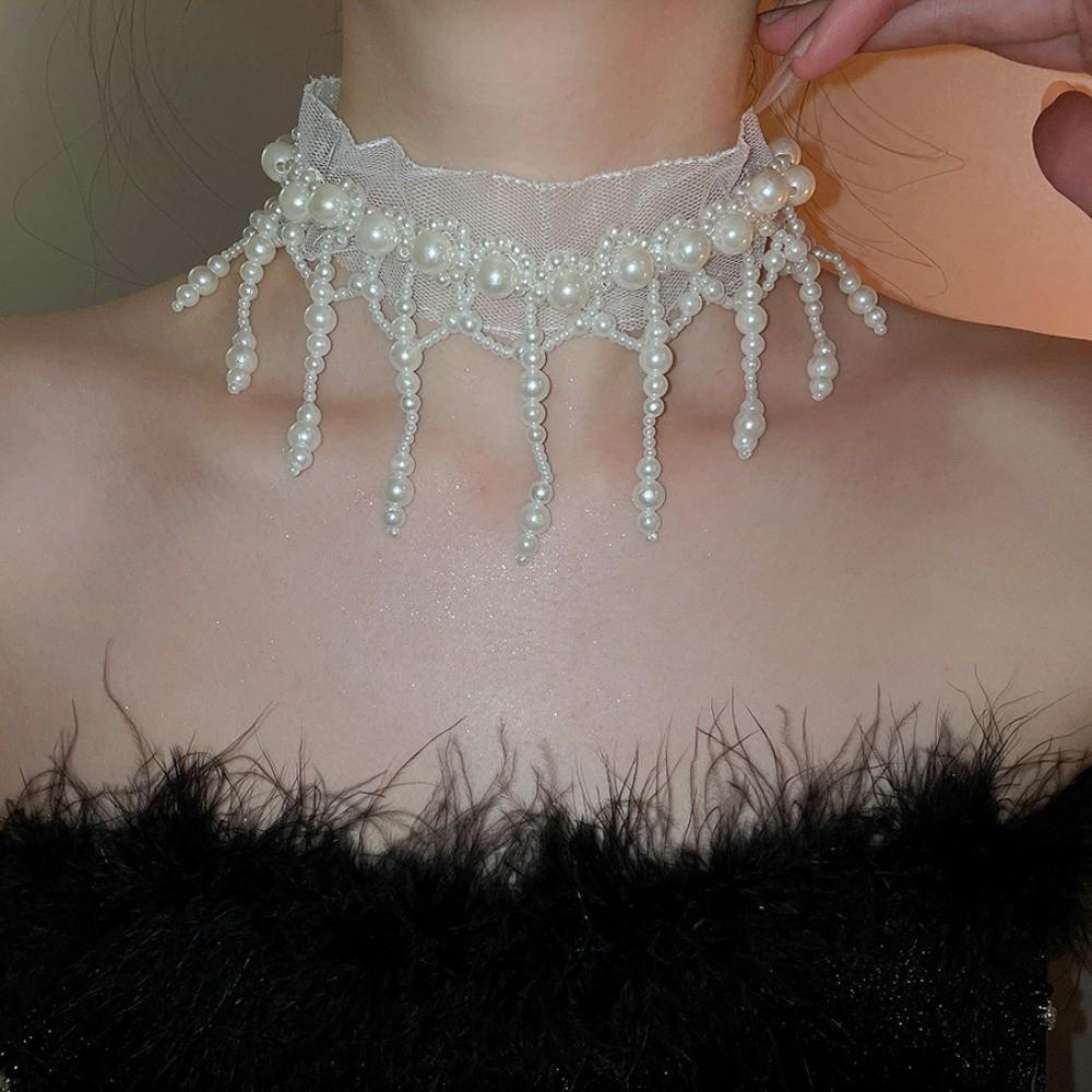 White Tassel Beads Necklace Creative Mesh Neck Jewelry Neck Pendant Pearl Lace Choker Bride