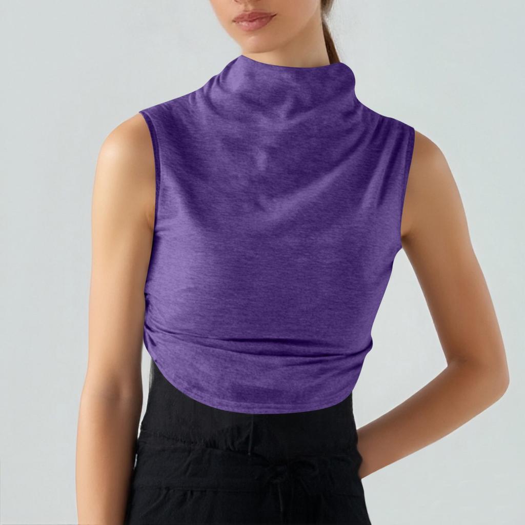 Women's Solid Color Semi-high-neck Sleeveless Vest Pleated  Top T-shirt