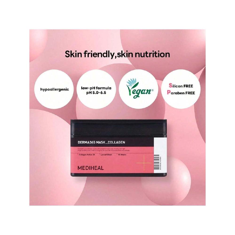 Mediheal Derma 365 Collagen Mask 30 Sheets Daily Skin Care Mask For Firm Moisturizing To Lift Skin With Collagen Active 3X
