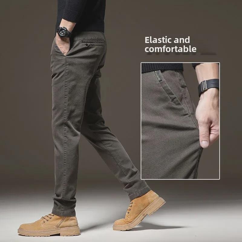 2024 Мужские узкие прямые повседневные брюки — плотные, эластичные, теплые, высококачественный деловой стиль для осени и зимы