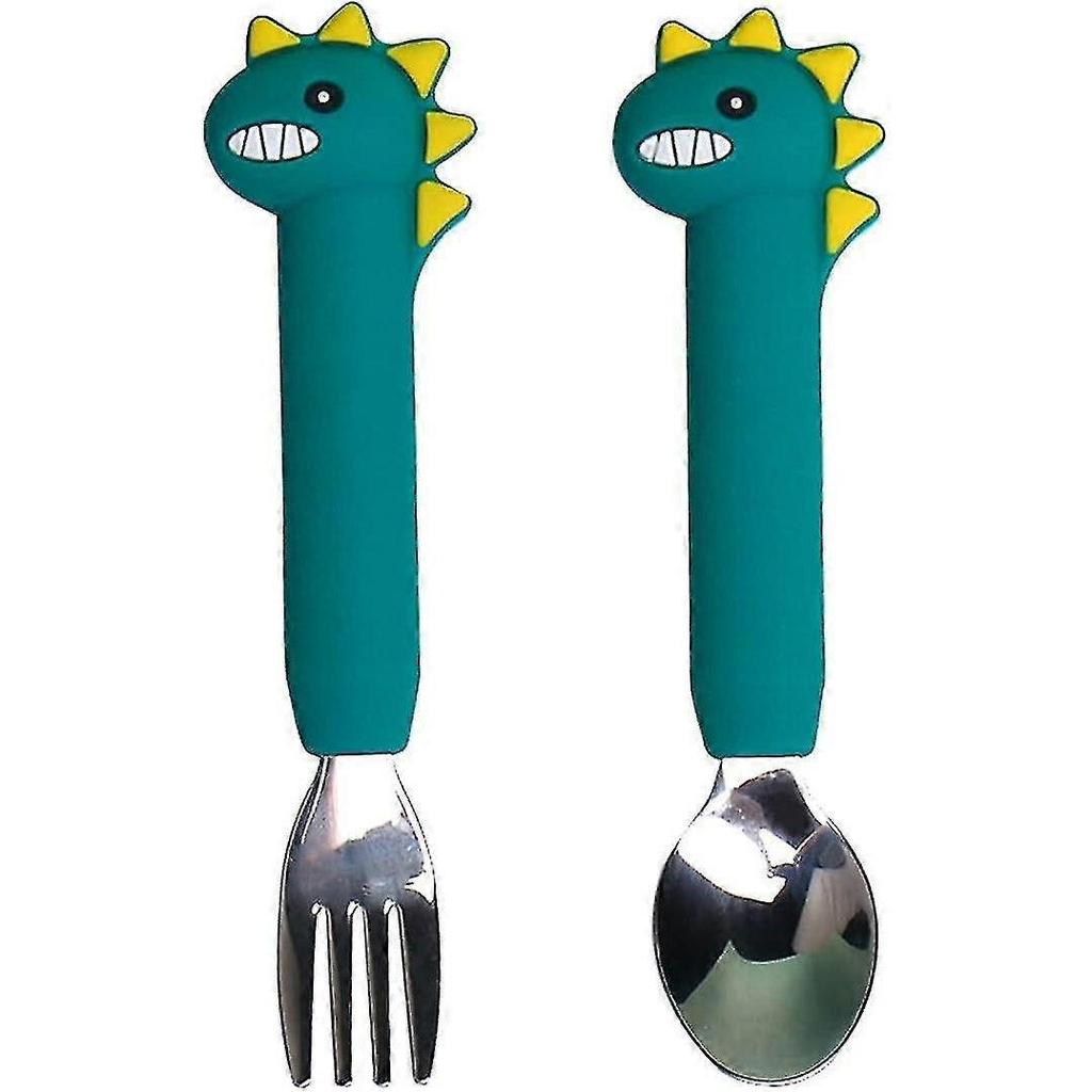 Preschool Dinosaur Silicone Fork And Spoon Set (green Long), Baby Training Self-service Feeder Easy To Grip Toddler Tableware Set, Suitable For Weanin