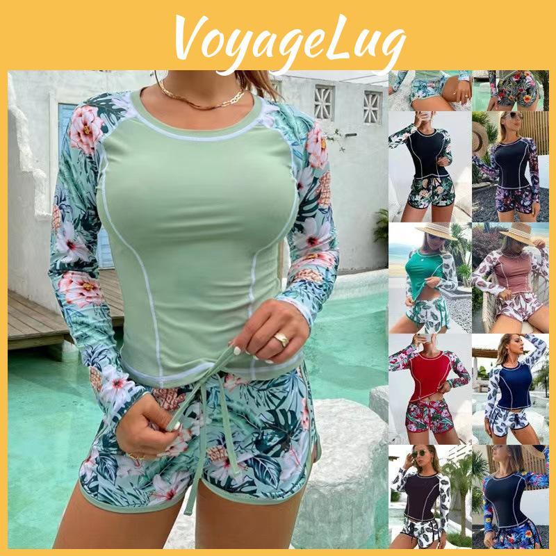 Women Print Swimsuit Tropical Bikini Set Long Sleeve Swimwear Summer Shorts Beachwear Female Bathing Suit