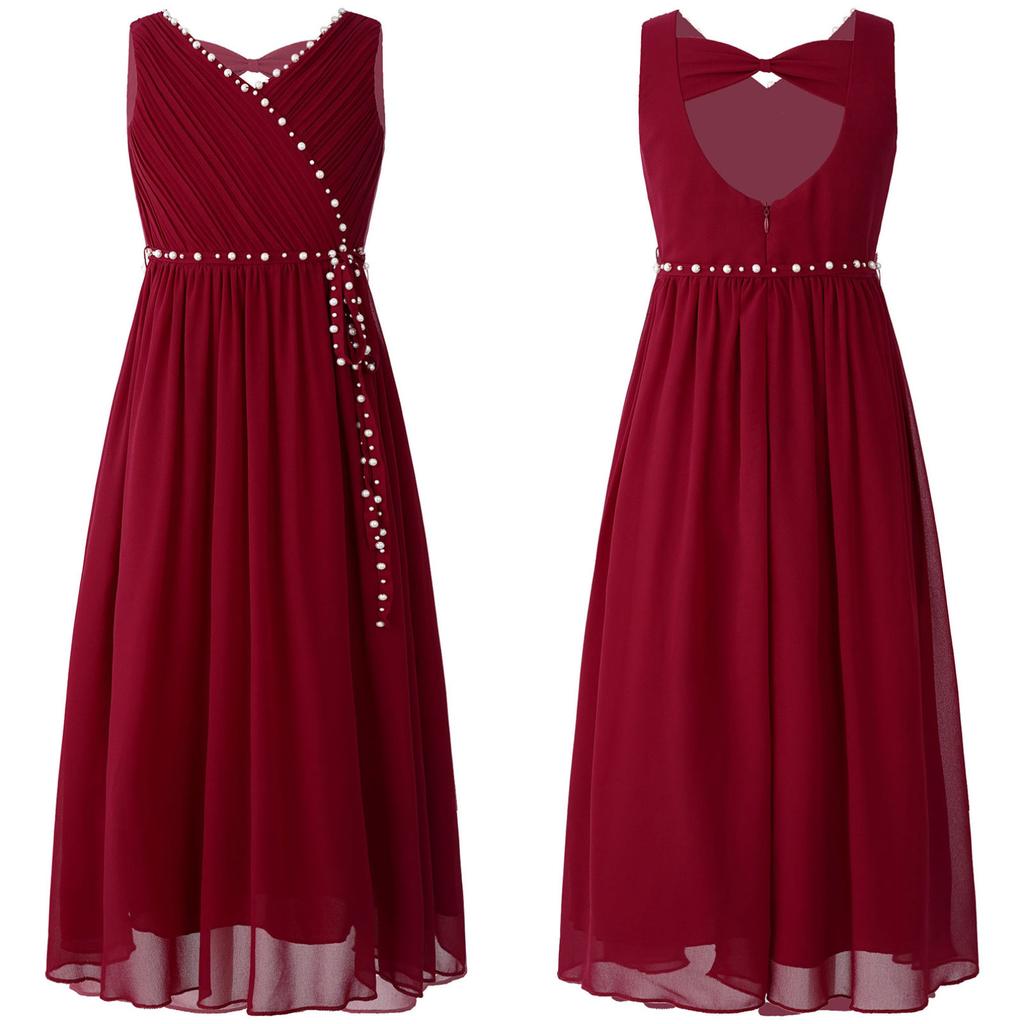 Flower Girls Dress Elegant Beaded Chiffon Party Summer Dress Ruched V Neck Sleeveless Dress for Bridesmaid Wedding