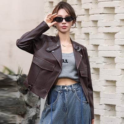 Модная куртка из искусственной кожи в гонконгском стиле для женщин, короткая, новая, на весну и осень, с воротником-стойкой, в стиле локомотива, куртка из искусственной кожи, тренд