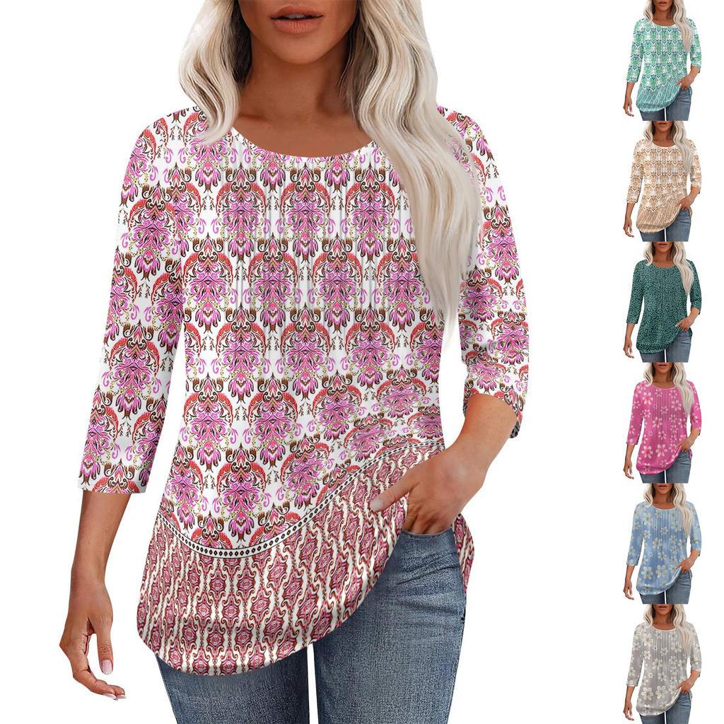 Women's Fashionable Casual Pleated Round Neck Casual Floral Print Seven Quarter Sleeved T-shirt Top