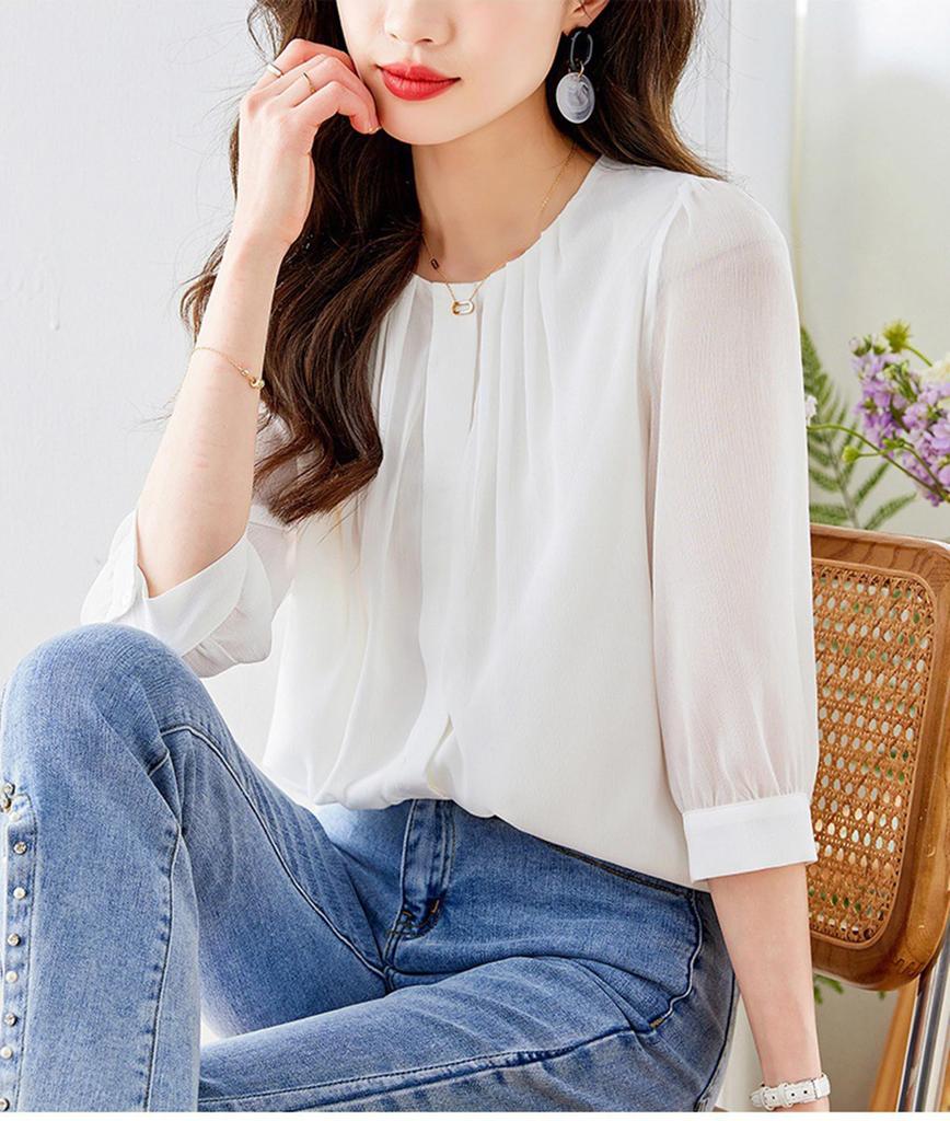 Рубашка Блузка для Элегантная Свободная Для Повседневной Носки Большая Осень [Lalapala] Женская, Шифон, Топ, Посадка, Однотонная, Стройнящая, Взрослая, Стильная, Элегантная, Универсальная, 3/4