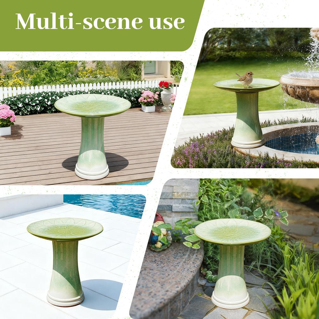 Handmade Ceramic Bird Bath, Floral Relief Bowl, diameter 43cm Height 45cm, Gradient Green High-Gloss Glaze, Frost-Resistant & Weatherproof for Garden