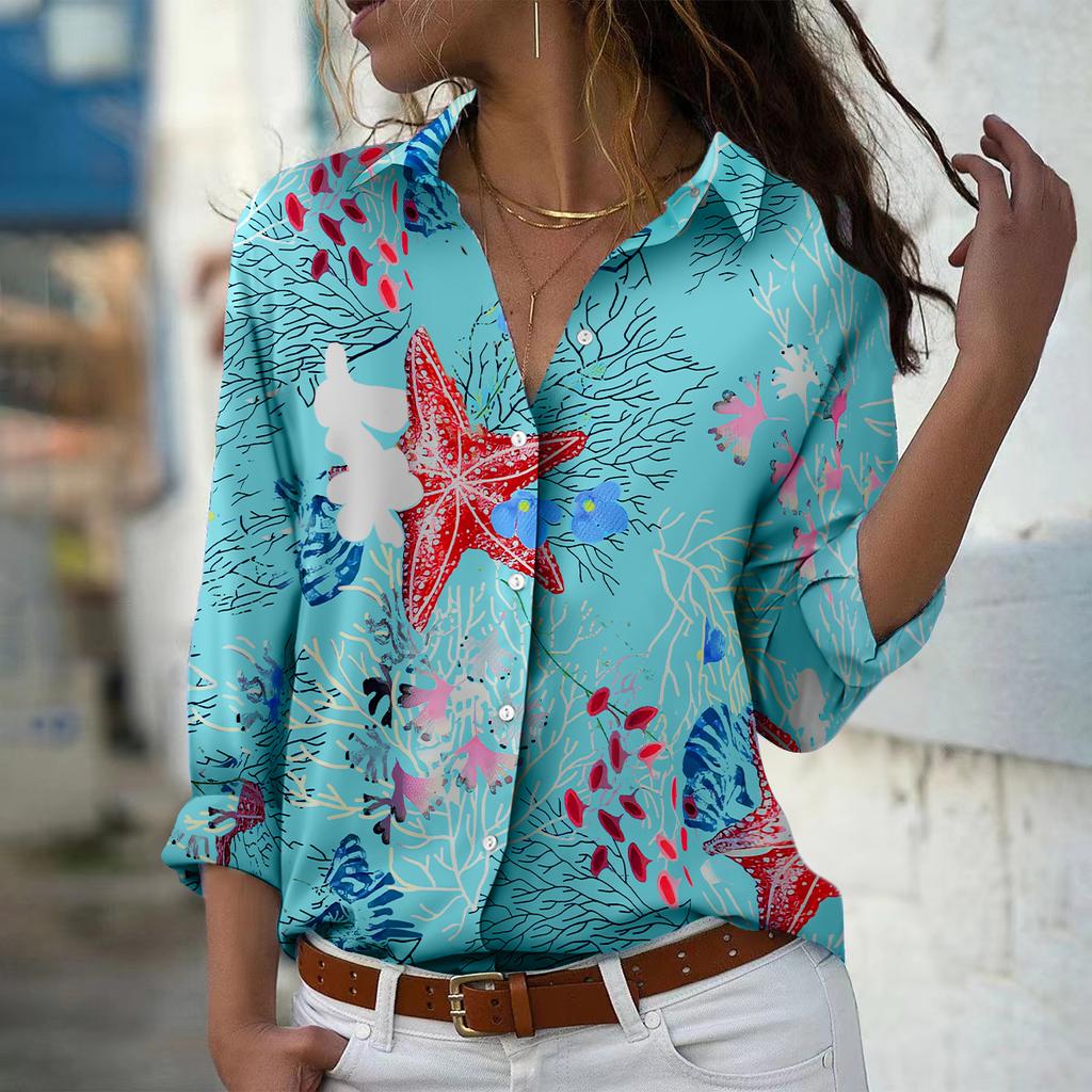 Conch Print Women Blouse Spring Autumn Femme Office Lady Button Up Turn Down Collar Shirts