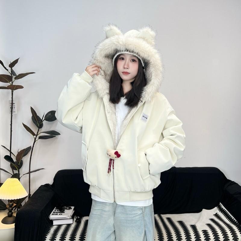 Womens Loose Winter Hooded Cotton Coat With Faux Fur Trim Warm Thick Casual Couple Jacket