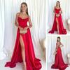 Lady Evening Dress Low-cut Collarless Backless Sleeveless Spaghetti Strap Maxi Dress Slim Fit High Slit Solid Color Satin Banquet Ball Dress