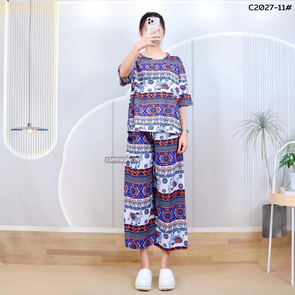 Слон Штаны Шорты Рубашка Комплект Круглый Вырез Укороченный Короткий Рукав Регулируемый Эластичный Пояс Завязка Женский Принт Повседневный Пляжный Бохо Богемный Ретро Винтаж