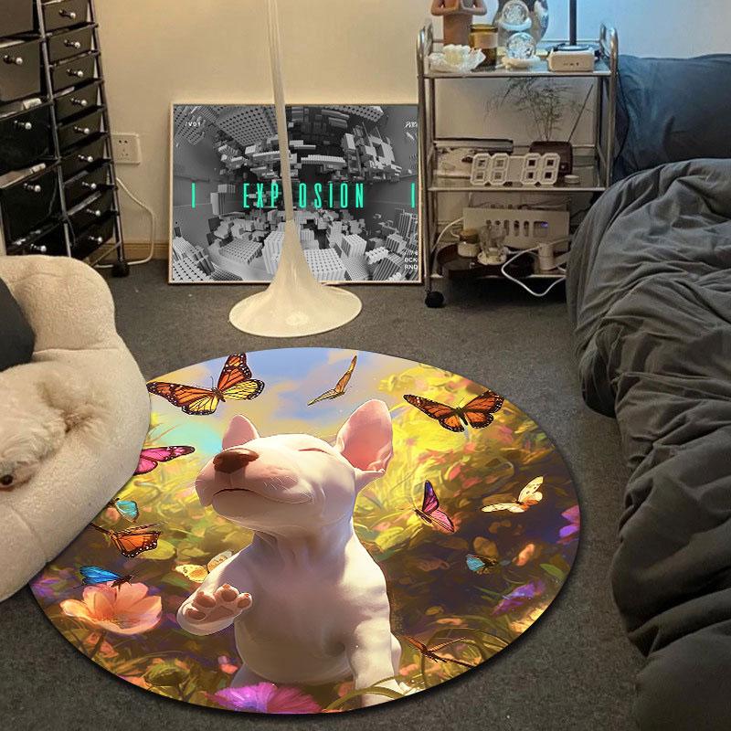 Puppy with Butterfly Round Carpet, Spring Garden Pet Design