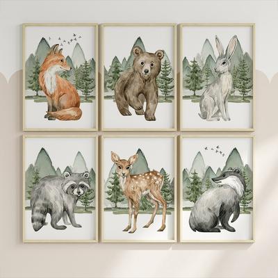 Медведь Лиса Кролик Волк Олень Енот Настенное искусство для детской комнаты Холст Животные джунглей Постеры и принты Картина Декор комнаты для малышей