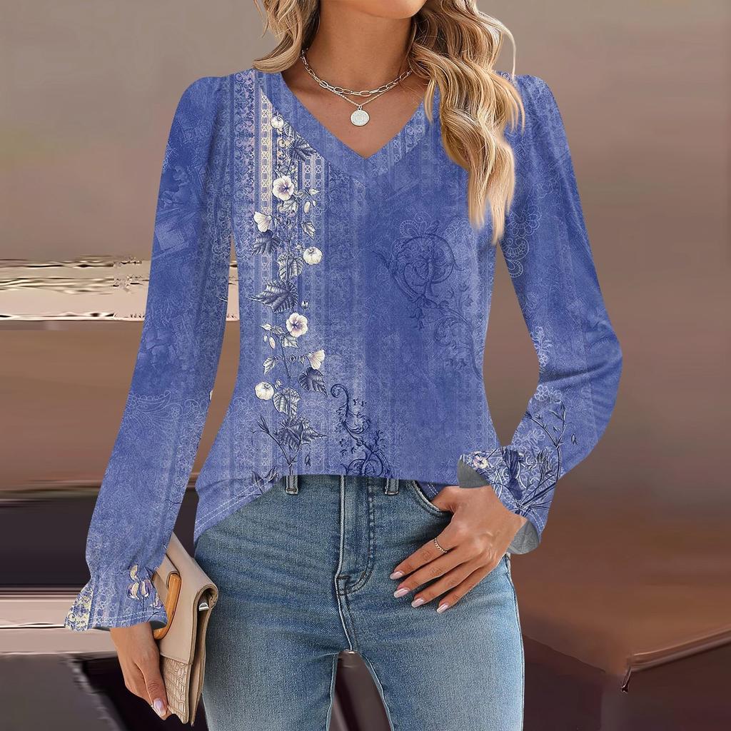 Women's Daily Casual Long-sleeved Striped Printed V-neck Top