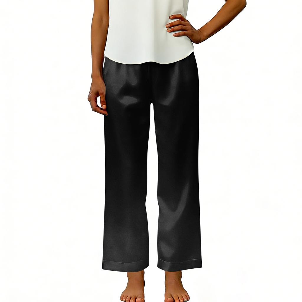 Women's Fashionable Color Elastic Waist Pocket Loose Straight Leg Casual Pants