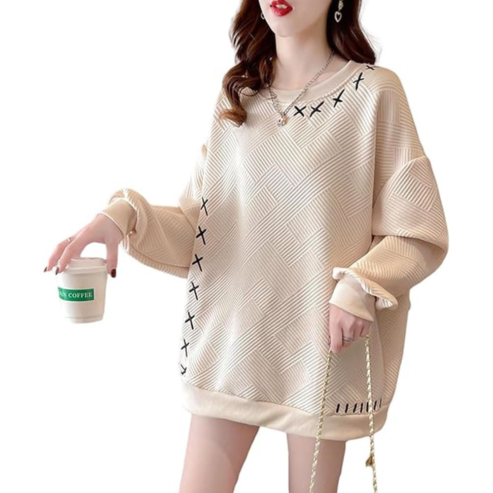 YEJUAWEN Long Round Plus Loose Korean Solid WEN034 Women's Sweatshirt, Sleeve, Neck, Pullover, Embroidered, Sizes, Fit, Style, Casual, Simple, Color,