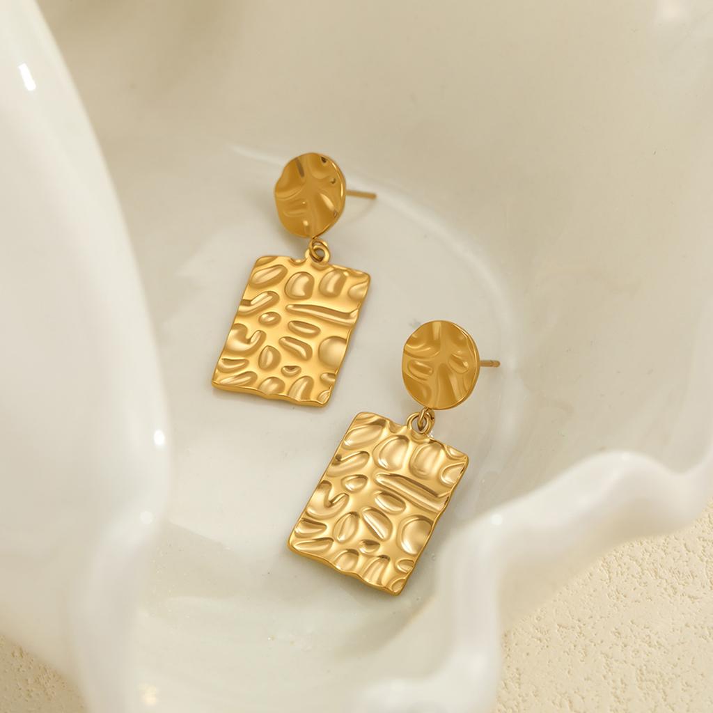 GEMCHIC Women's Gold Plated Geometric Dangle Earrings for Women, Fashion Textured Rectangle Drop Studs Jewelry