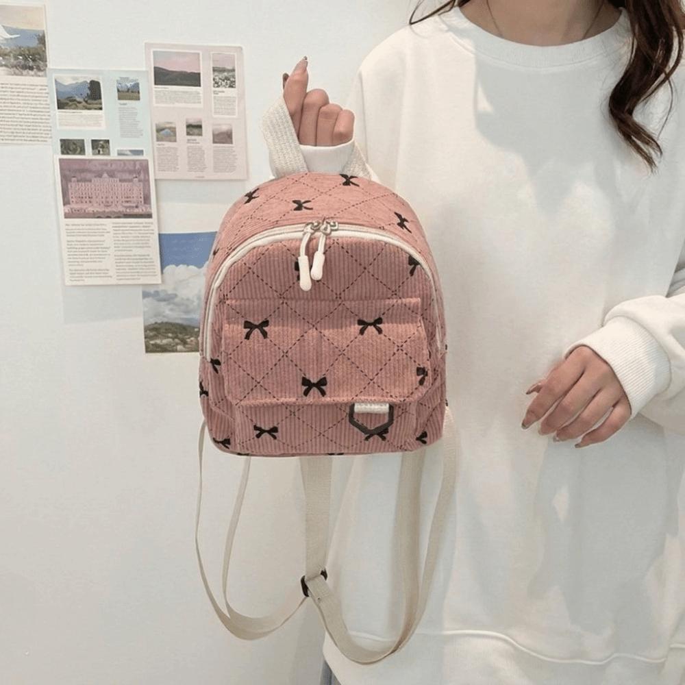 Lightweight Shoulder Bag Corduroy Bow Rucksack Cute Student School Bag Women