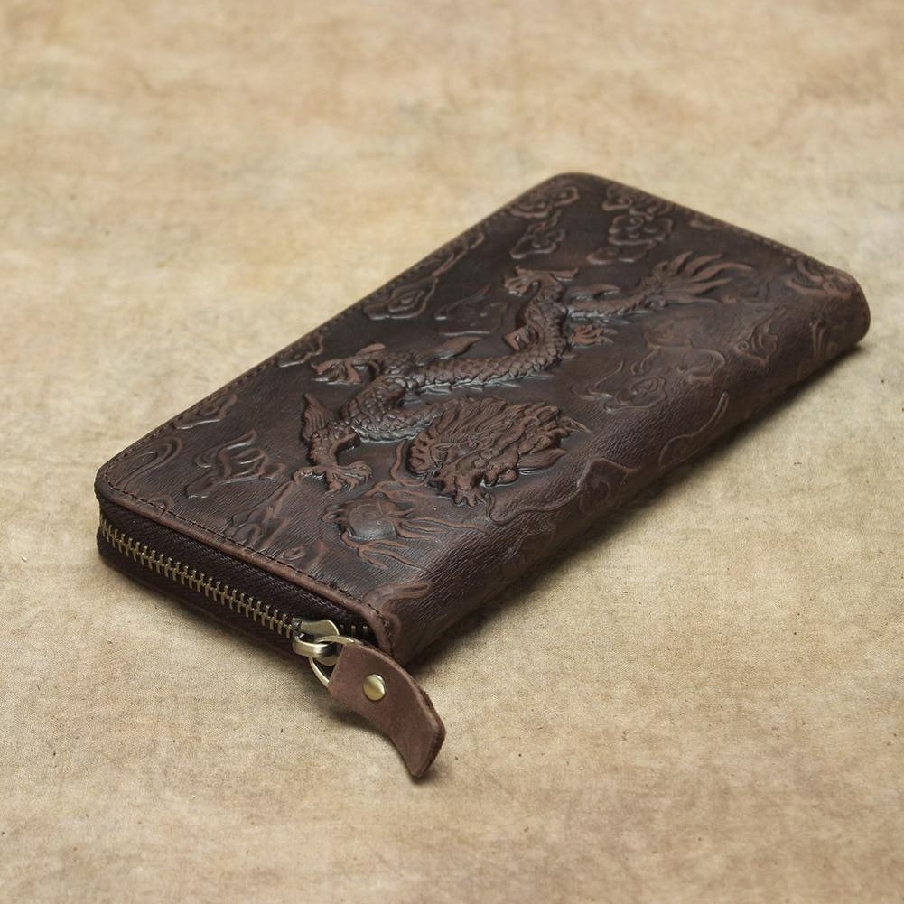Кошелек из натуральной кожи в стиле ретро, ​​новинка 2021 года, длинные мужские кошельки с рисунком дракона, кошелек из воловьей кожи ручной работы