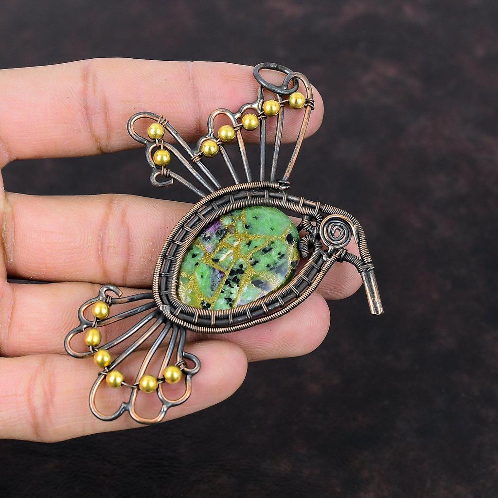 Медный рубиновый кулон с цоизитом, медная проволока, обернутая кулоном, рубиновый цоизит, ювелирное изделие, драгоценный камень, кулон с птицей ручной работы, медные украшения для подарка