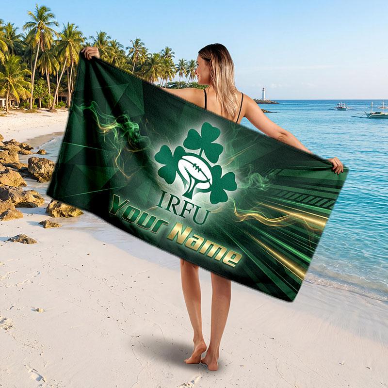 Ireland Rugby Customized Name Text Beach Towel, Soft Absorbent Towel Beach Pool Travel Personal Gift