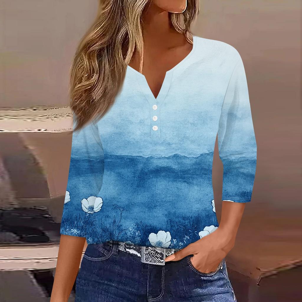 Women's Fashion Casual Floral Print V-Neck Decorative Button Three-quarter Sleeve T-Shirt Top