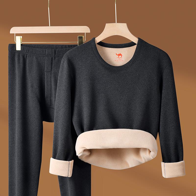 Men's Camel Hair Thermal Underwear Set: Half Turtleneck Top and Bottoms with Velvet Lining for Winter