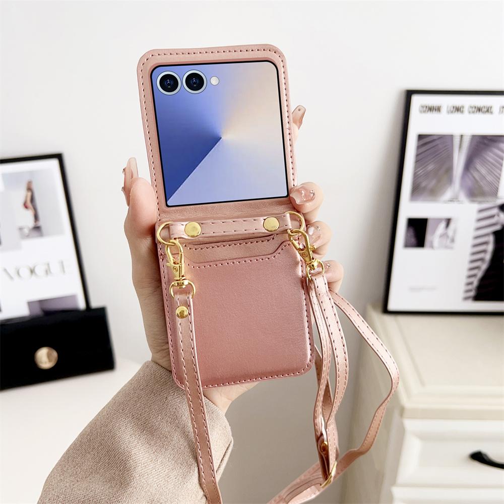 Crossbody Cards Solt Wallet Leather Phone Case for Samsung Galaxy Z Flip 7 FE 6 5 4 Flip6 Flip7 Hand Strap Lanyard Pocket Cover