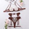 Women Sexy Underwear See-through Color Block Underwire Bra Panties Garter Belt Mesh Embroidery Lingerie Set 4 Piece