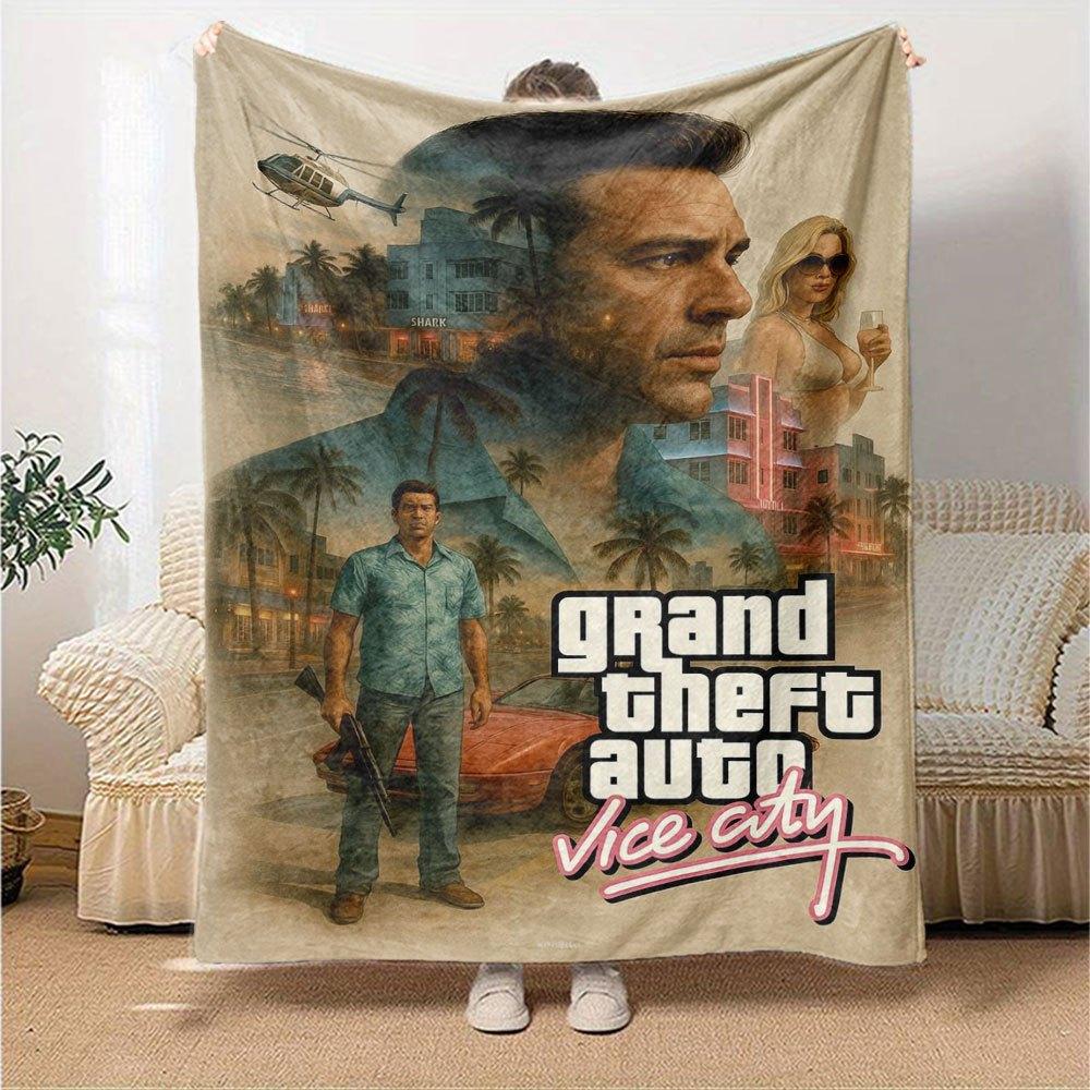 1 шт. Мягкое фланелевое одеяло Grand Theft Auto с дизайнерским принтом. Уютное одеяло для всех сезонов, идеально подходит для дивана, кровати, офиса