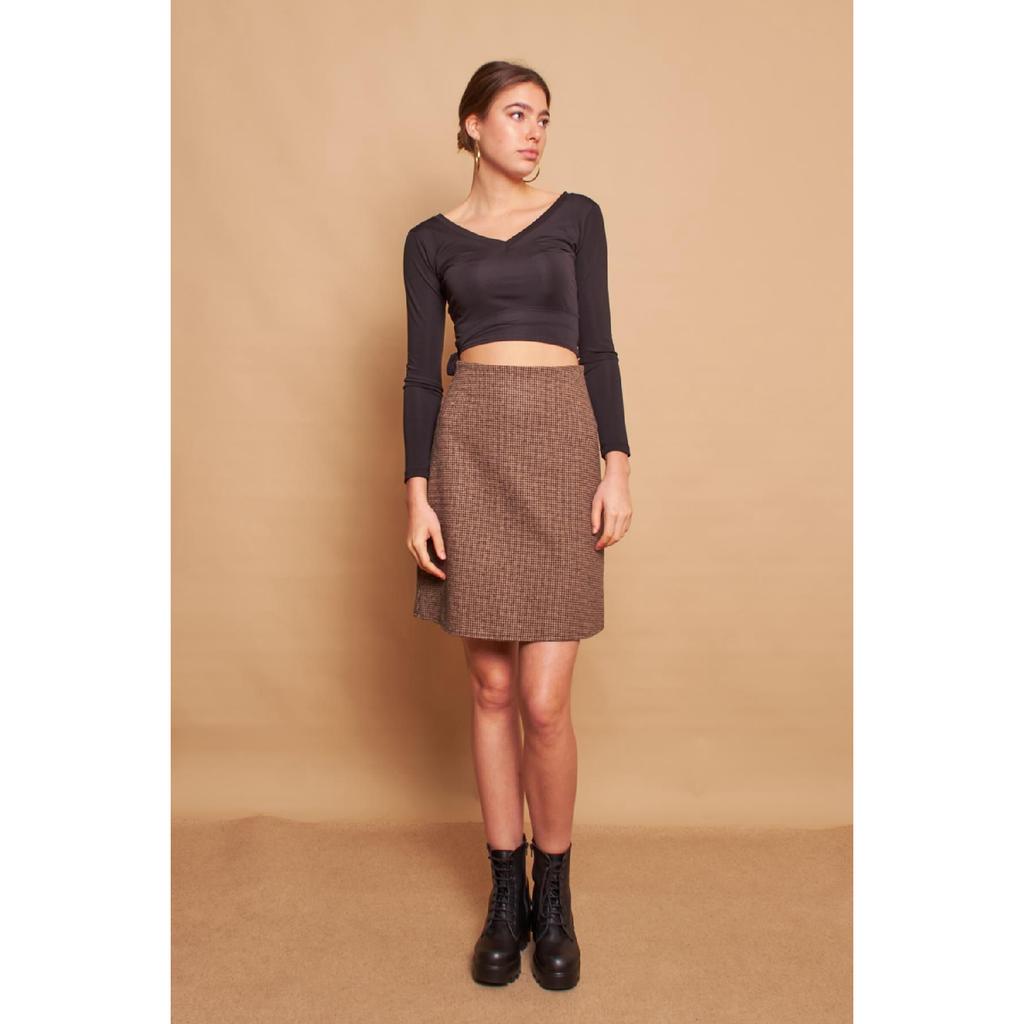 Легкая шерстяная зимняя жаккардовая ткань из лайкры с высокой талией Легкая юбка-колокольчик выше колена — черная диагональ