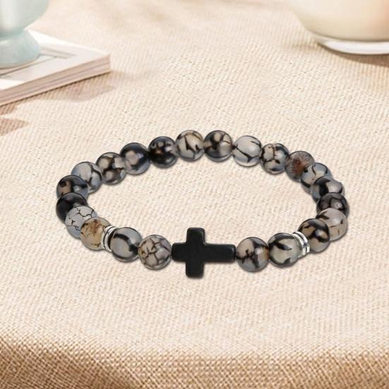 Браслет-крест для мужчин и женщин, браслет-крест из бисера из камня, эластичный браслет из камня, религиозный браслет, ювелирные изделия, подарки для христиан