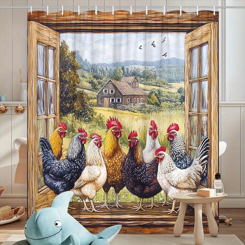 Деревенская фермерская шторка для душа Сцена с курицами Деревянный курятник Амбар Холмы Полиэстер Машинная стирка Включает 12 крючков