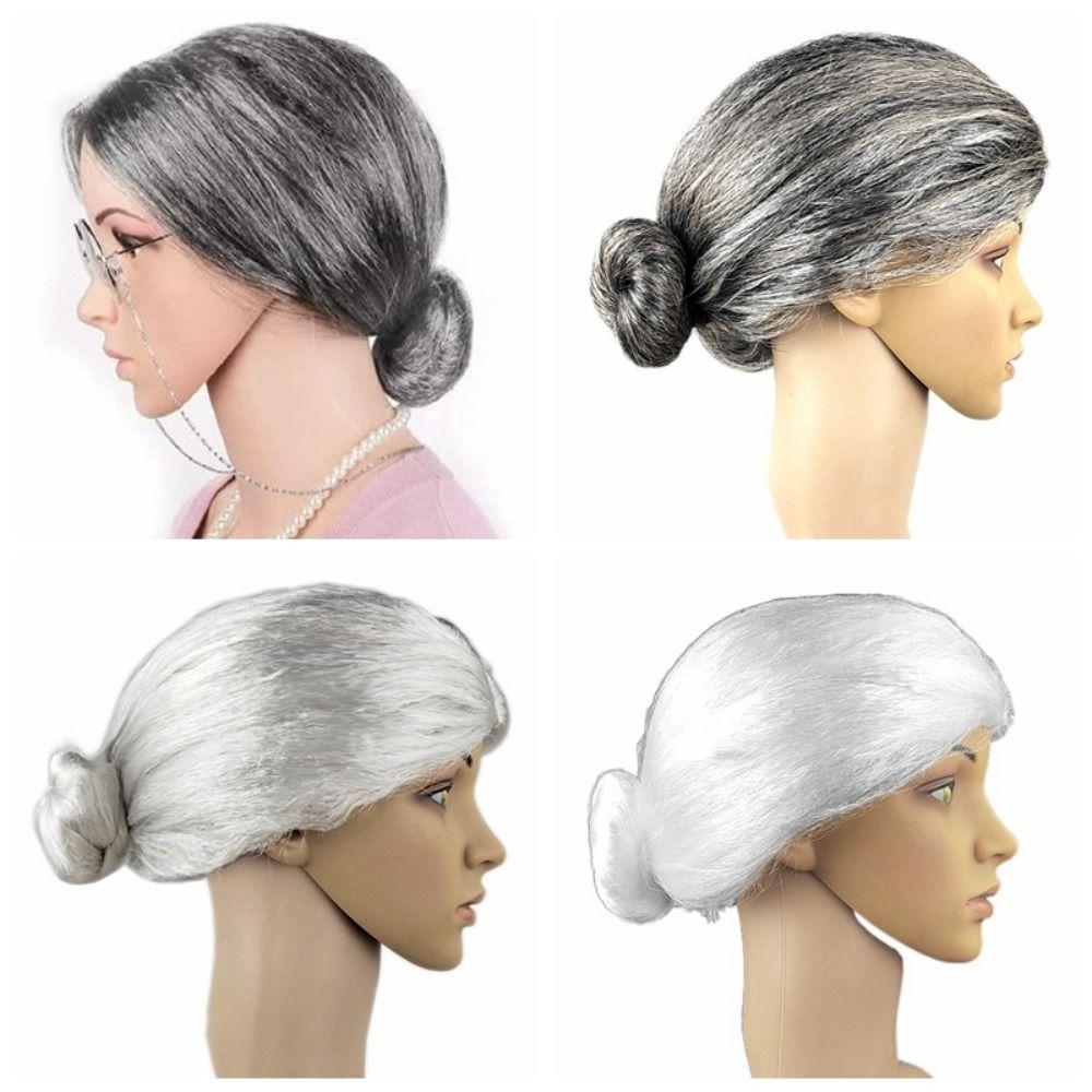 Natural Grandma Costume Wig Grey Dress Up Show Wig Old Woman Cosplay Wig Halloween Masquerade