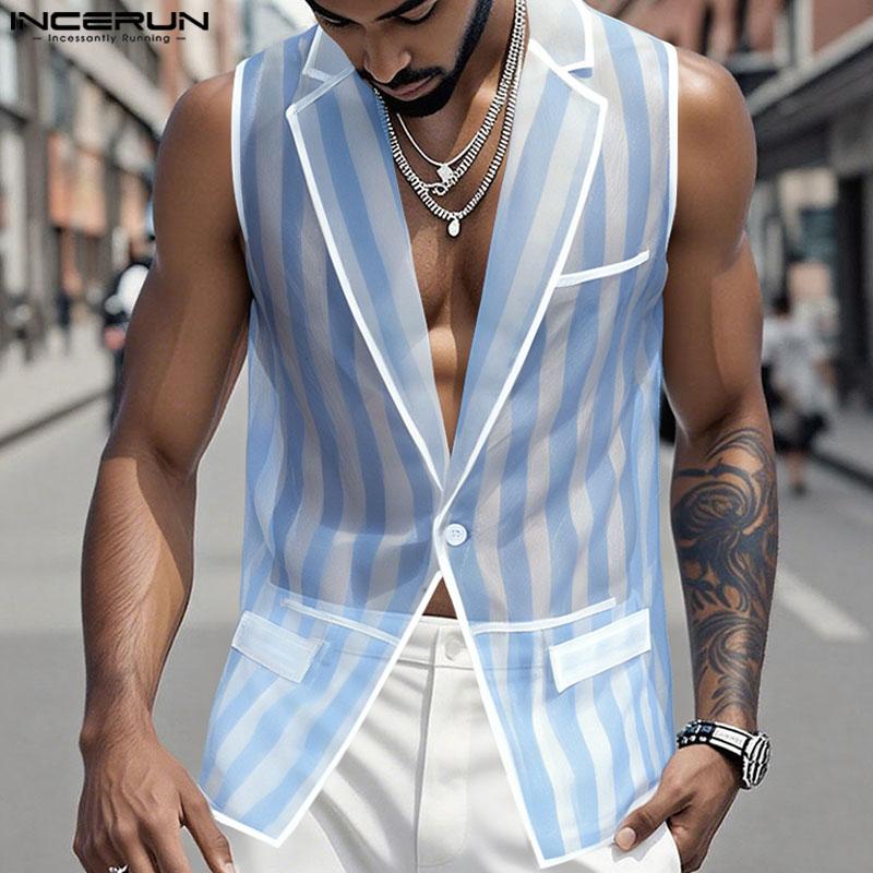 INCERUN Men Lapel Sleeveless Buttons Striped Transparent Mesh Sheer Waistcoats