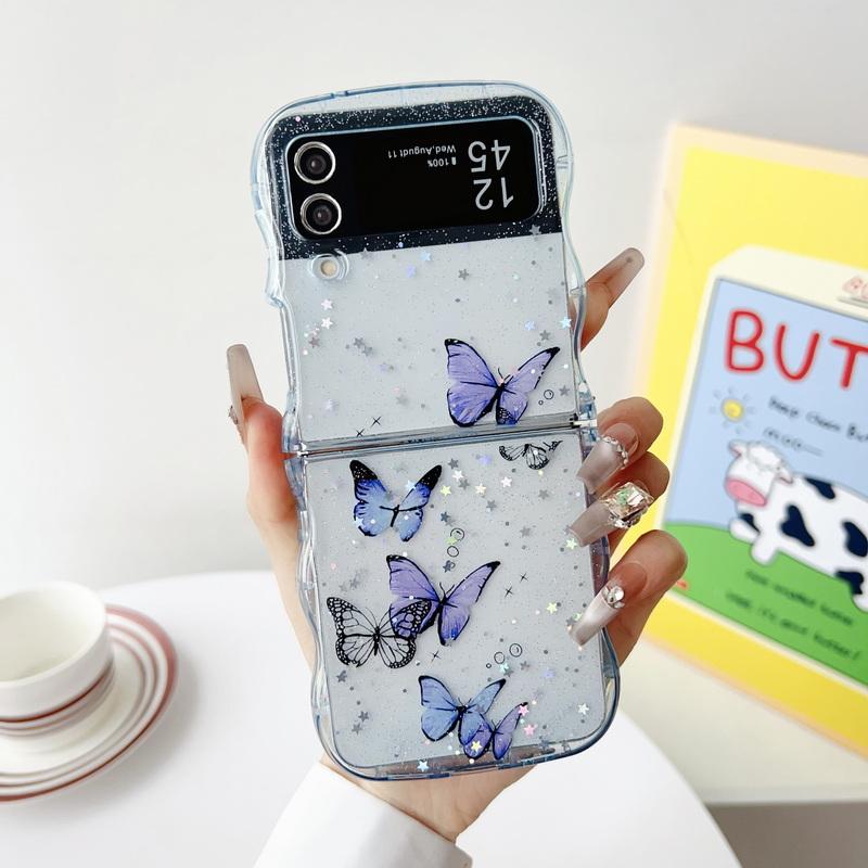 Блестящий силиконовый чехол для телефона с бабочкой и каплями для Samsung Galaxy Z Flip6 Flip5 Flip4 Flip3, прозрачный противоударный мягкий тонкий складной чехол из 2 предметов