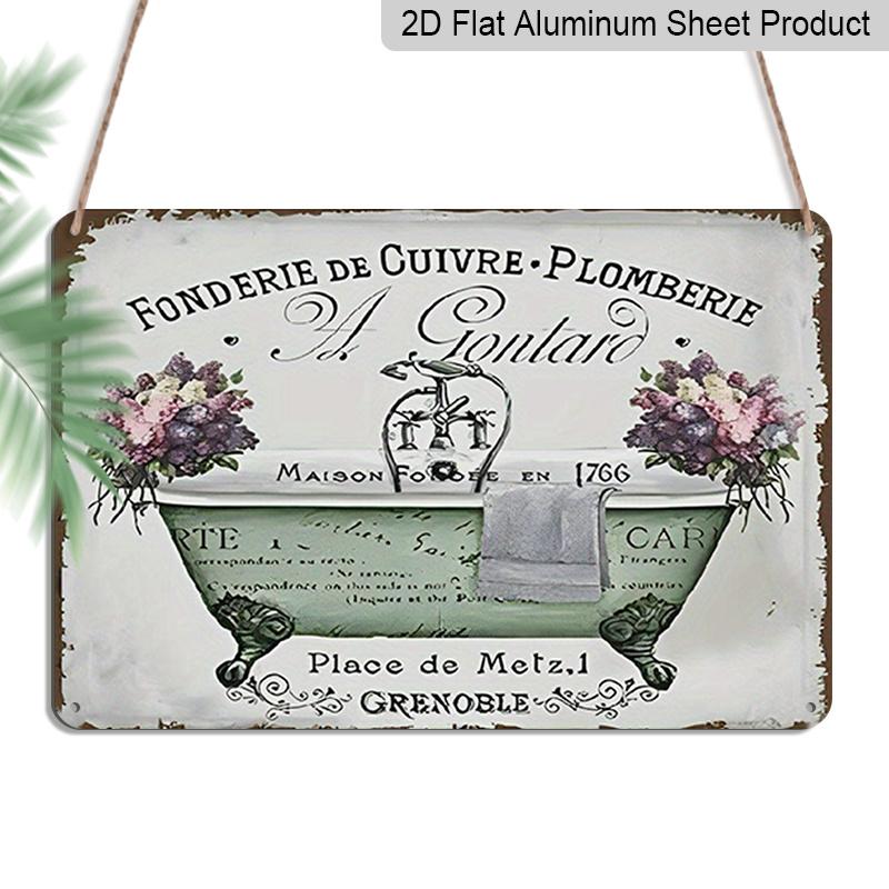 2D Flat Vintage French Bathroom Metal Wall Art - Shabby Chic Decor with Floral Design, Rustic Aluminium Sign for Home, Kitchen & Bathroom, 1765-1830
