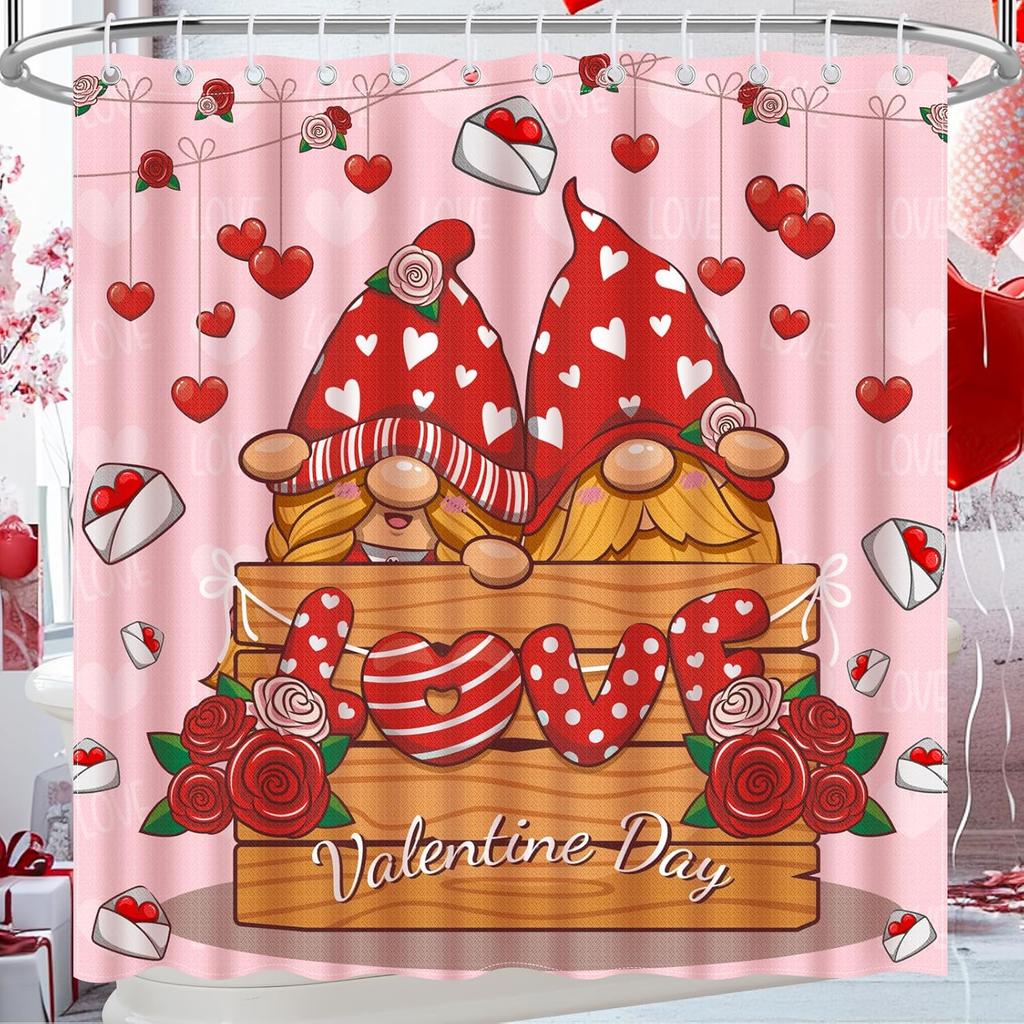 Nidoul Valentines Day Shower Curtain Gnome Valentine's Day Shower Curtain for Bathroom Valentine Romantic Red Heart Aesthetic Fabric Waterproof Cute