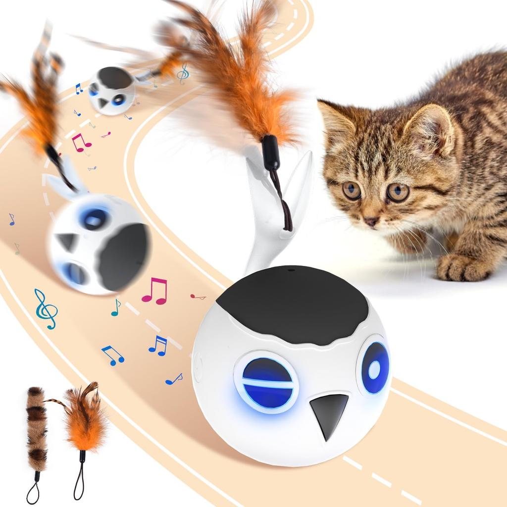 ORSDA Cat Ball Toy, Automatic Bird-Shaped Cat Ball, USB Charging, Interactive Cat Ball Toy with Two Feathered Tails, 4 Modes of Sound and Touch