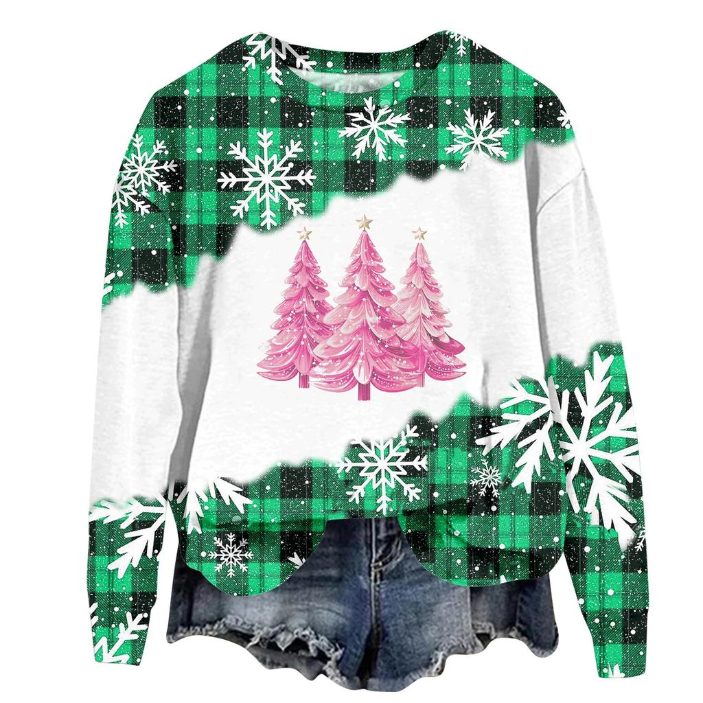 Женская мода рождественский принт длинный рукав свободный круглый вырез толстовка топ осень