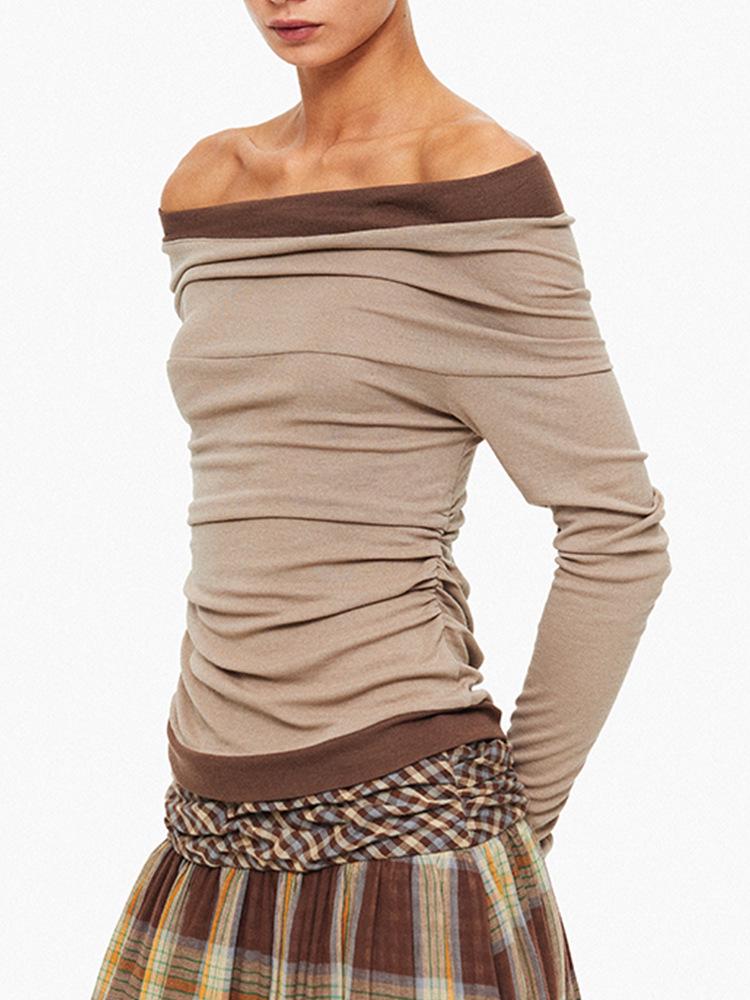Tencel Wool Y2K Off-Shoulder Color Block Slimming Stacked Sleeve Panelled Top for Women