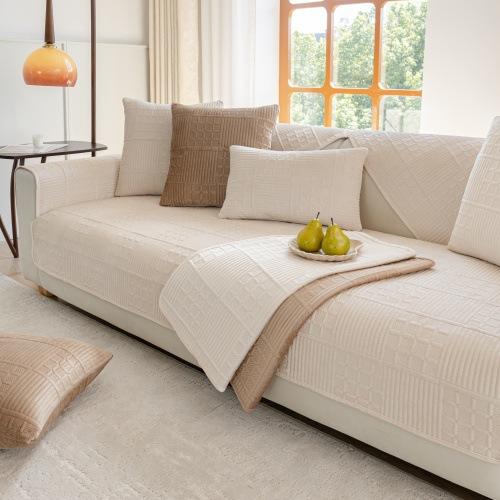 Nordic Simple Solid Color Modern Plush Sofa Cushion Four Seasons Universal Embroidery Non-Slip Seat Cushion Dutch Velvet Sofa Cover Towel