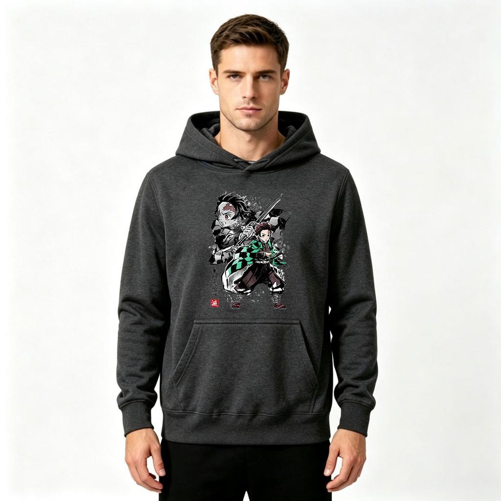 Men Demon Slayer Tanjiro Print Pullover Hoodie Casual Long Sleeve Anime Pattern Sweatshirt