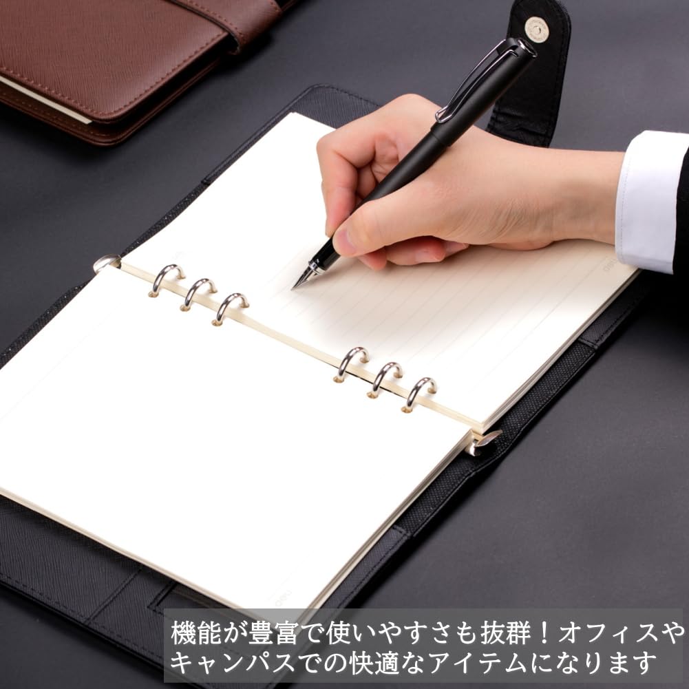 Кожаный бизнес-планер формата А5 на кольцах с магнитной кнопкой, 100 листов 6-отверстной бумаги, держателем для ручки и карманом для карточек, (черный)