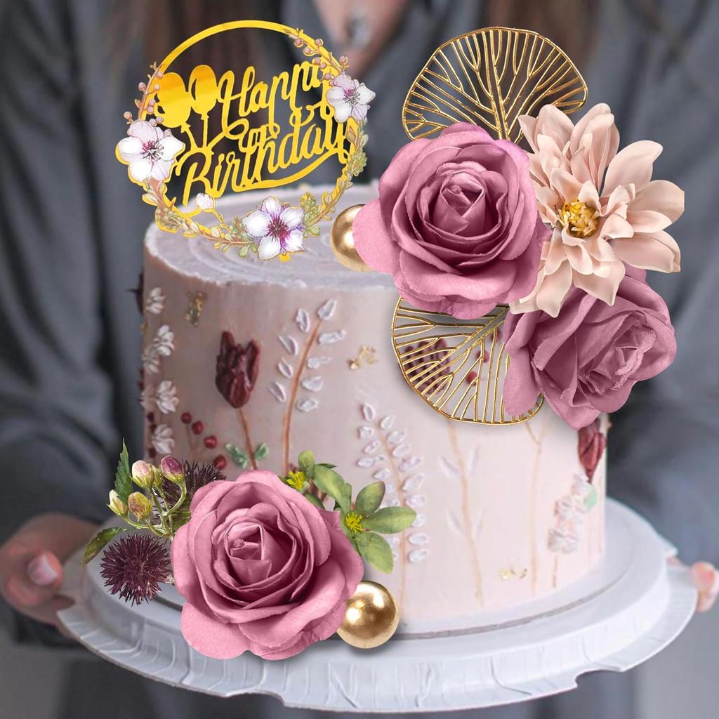 Flower Cake Toppers Happy Birthday Cake Toppers with Artificial Purple Rose Flowers Eucalyptu Leaves for Birthday Wedding Party