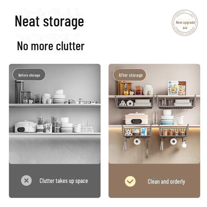 Стеллаж для хранения настенных шкафов без отверстий с крючками и подвесной корзиной