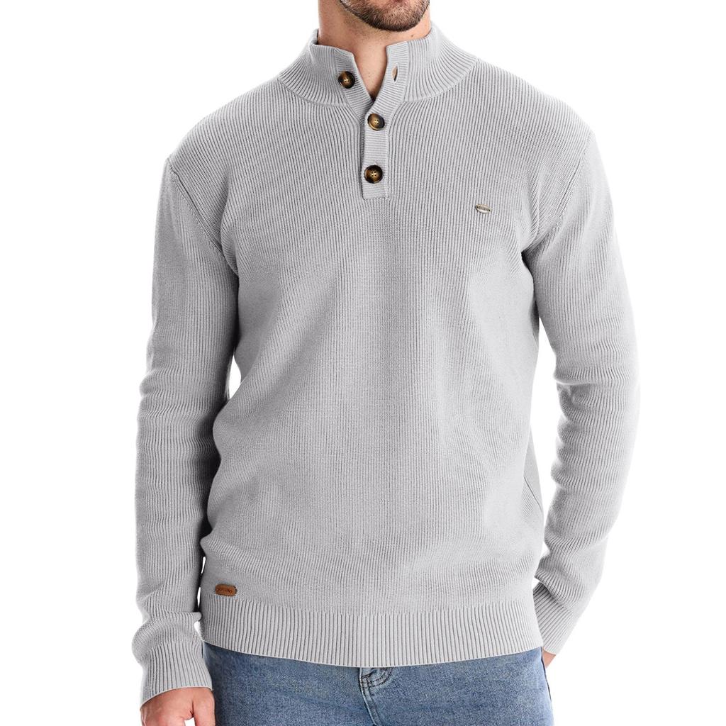 Мужской зимний однотонный свитер с воротником-стойкой и пуговицами, облегающий, с длинным рукавом, повседневный